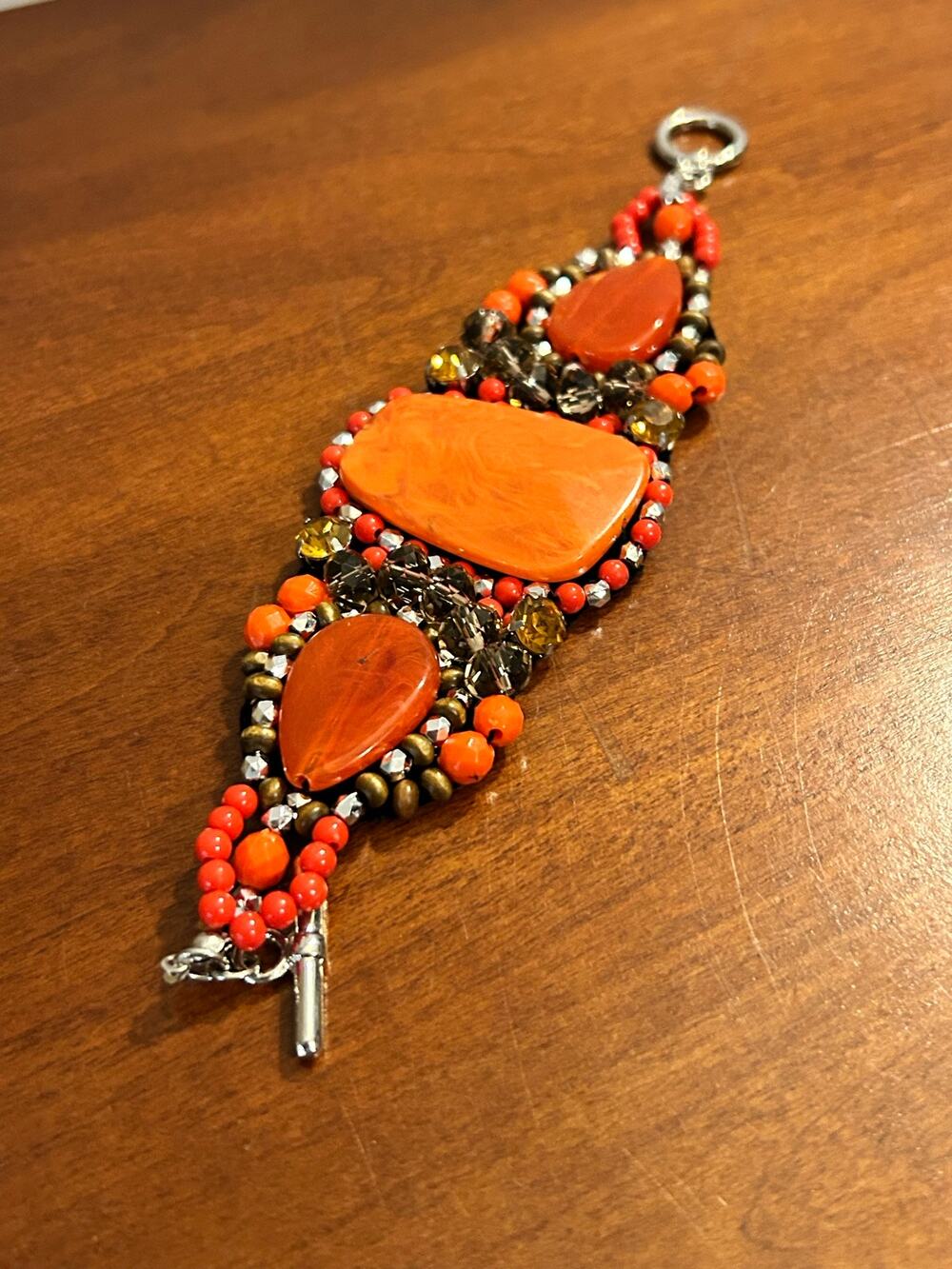 Handmade Beaded Statement Bracelet - Orange Red Gold Silver 6" Fabric Backed